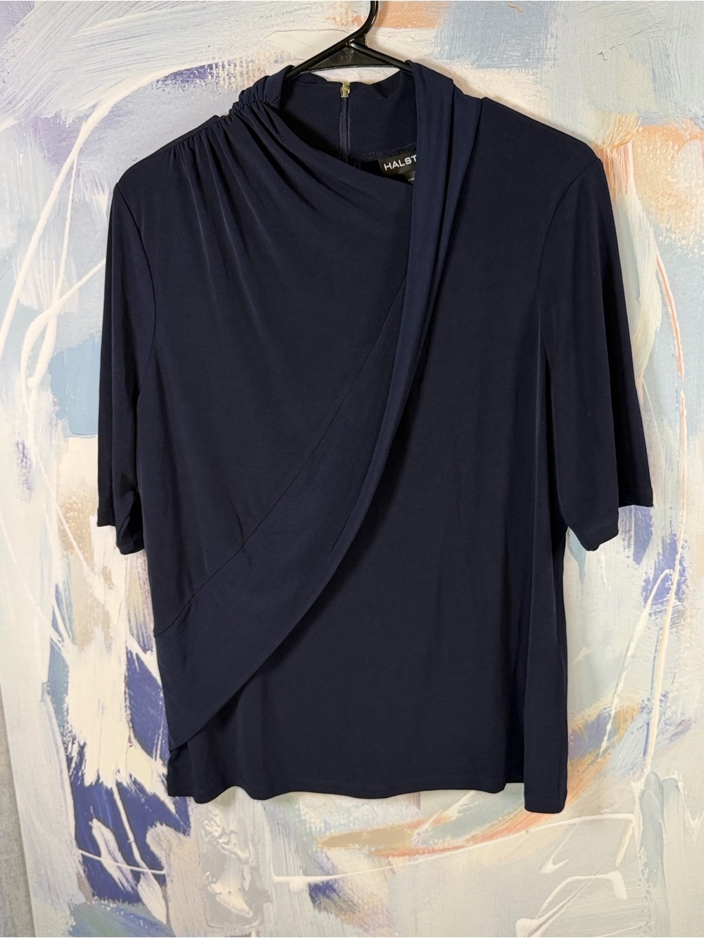 HALSTON Navy Asymmetrical Draped Top Size L Ruched Shoulder Mock Neck Office